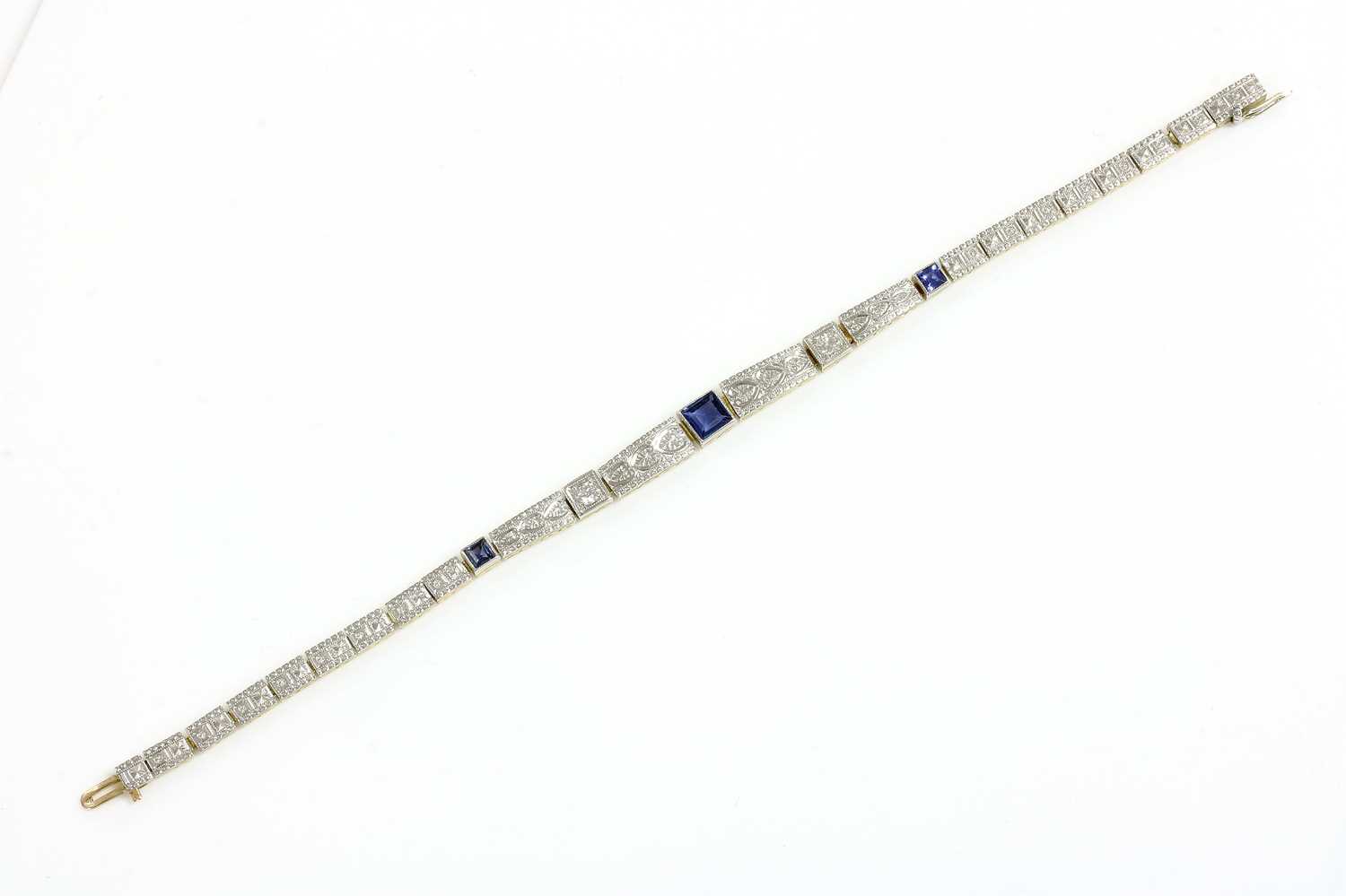 Lot 153 - An American Art Deco synthetic sapphire and diamond bracelet, by Allsopp and Allsop, c.1925