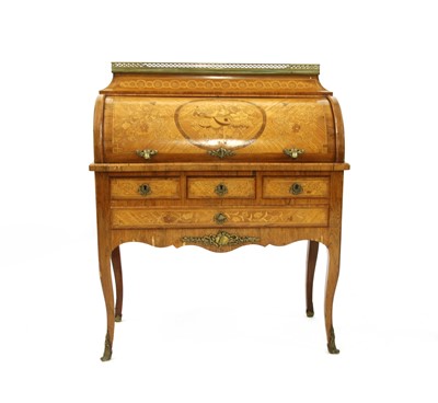 Lot 691 - A French Louise XV-style satinwood, kingwood, and marquetry inlaid cylinder bureau