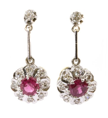 Lot 368 - A pair of 18ct gold ruby and diamond drop earrings
