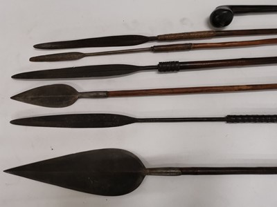 Lot 99 - Six various Southern African tribal spears or assegais, a Maasai throwing club and an ox-hide shield