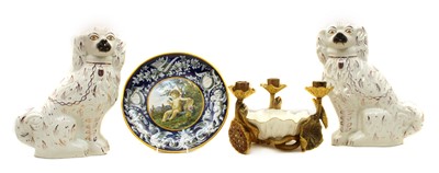 Lot 449 - Ceramics, comprising: A Ginori cherub plate, a pair of Staffordshire dogs and an extraordinary Royal Worcester bowl.