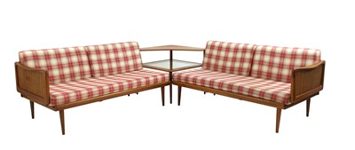 Lot 305 - A pair of Danish teak and rattan corner settees
