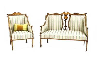 Lot 365 - An Edwardian strung and inlaid beechwood settee and chair