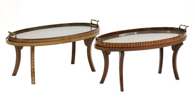 Lot 368 - Two similar, Edwardian strung, inlaid and crossbanded mahogany oval trays on stands