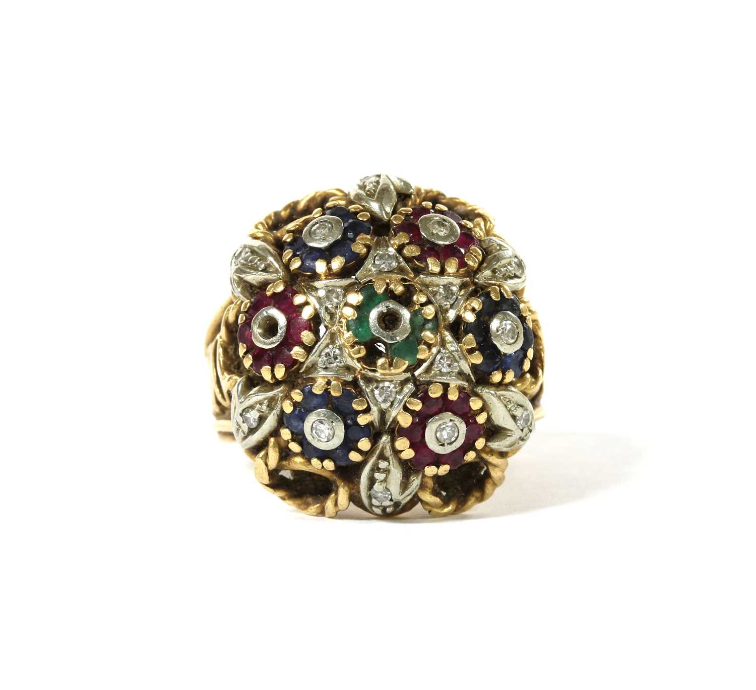 Lot 119 - A gold diamond, emerald, ruby and sapphire bombé cluster ring