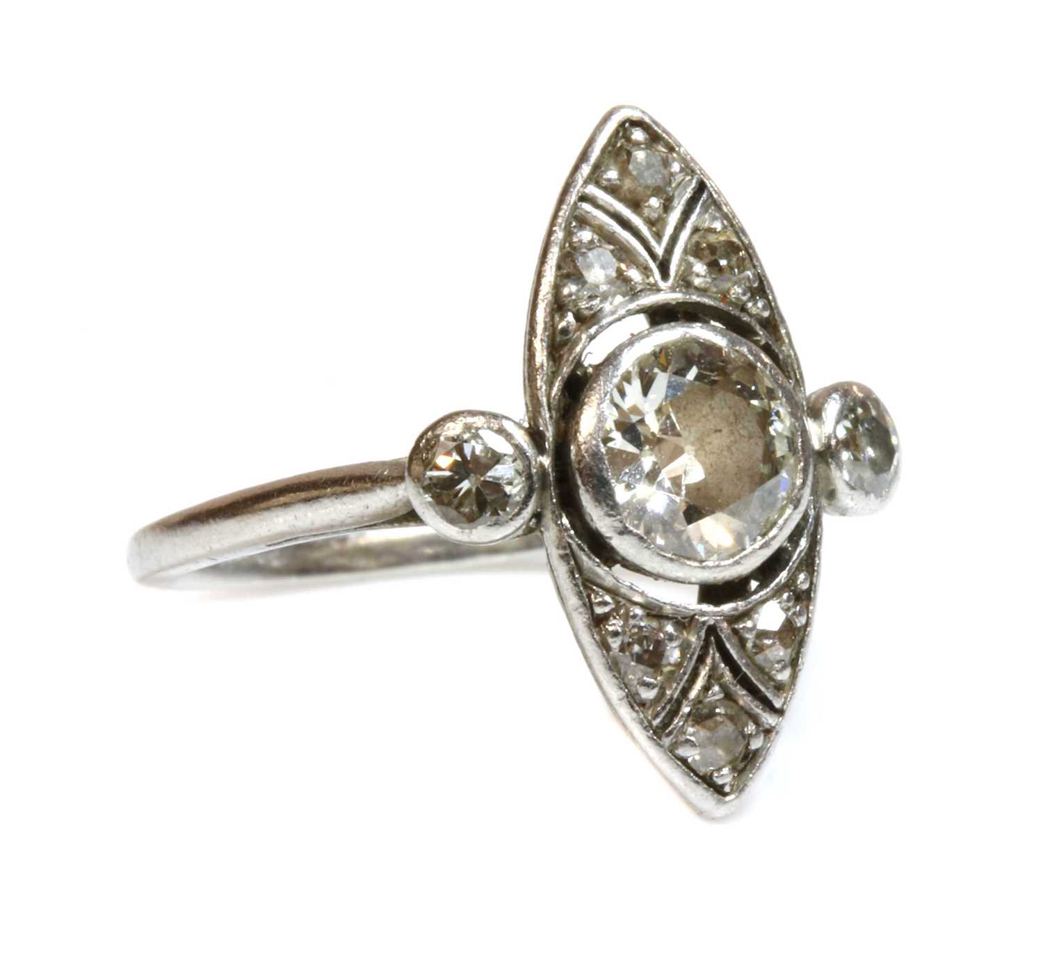 Lot 166 - An Art Deco platinum marquise shaped diamond set ring