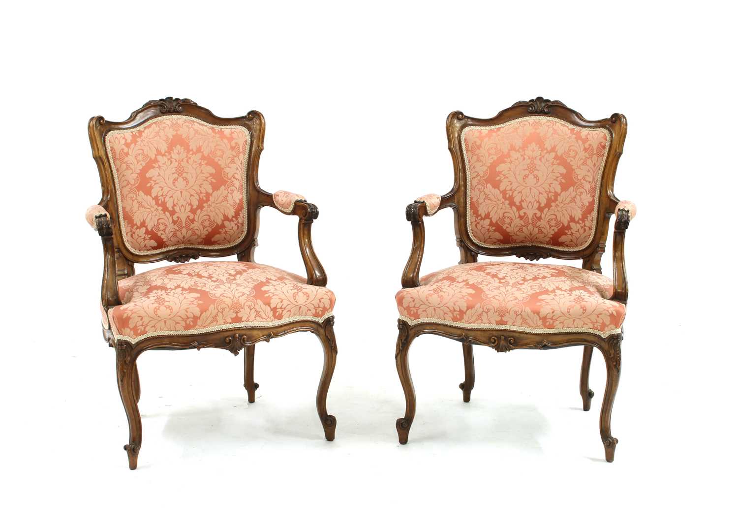 Lot 358 - Pair of French walnut fauteuils