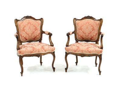 Lot 358 - Pair of French walnut fauteuils