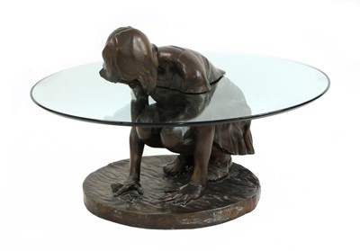 Lot 594 - A contemporary bronze and glass 'She'll Find' coffee table