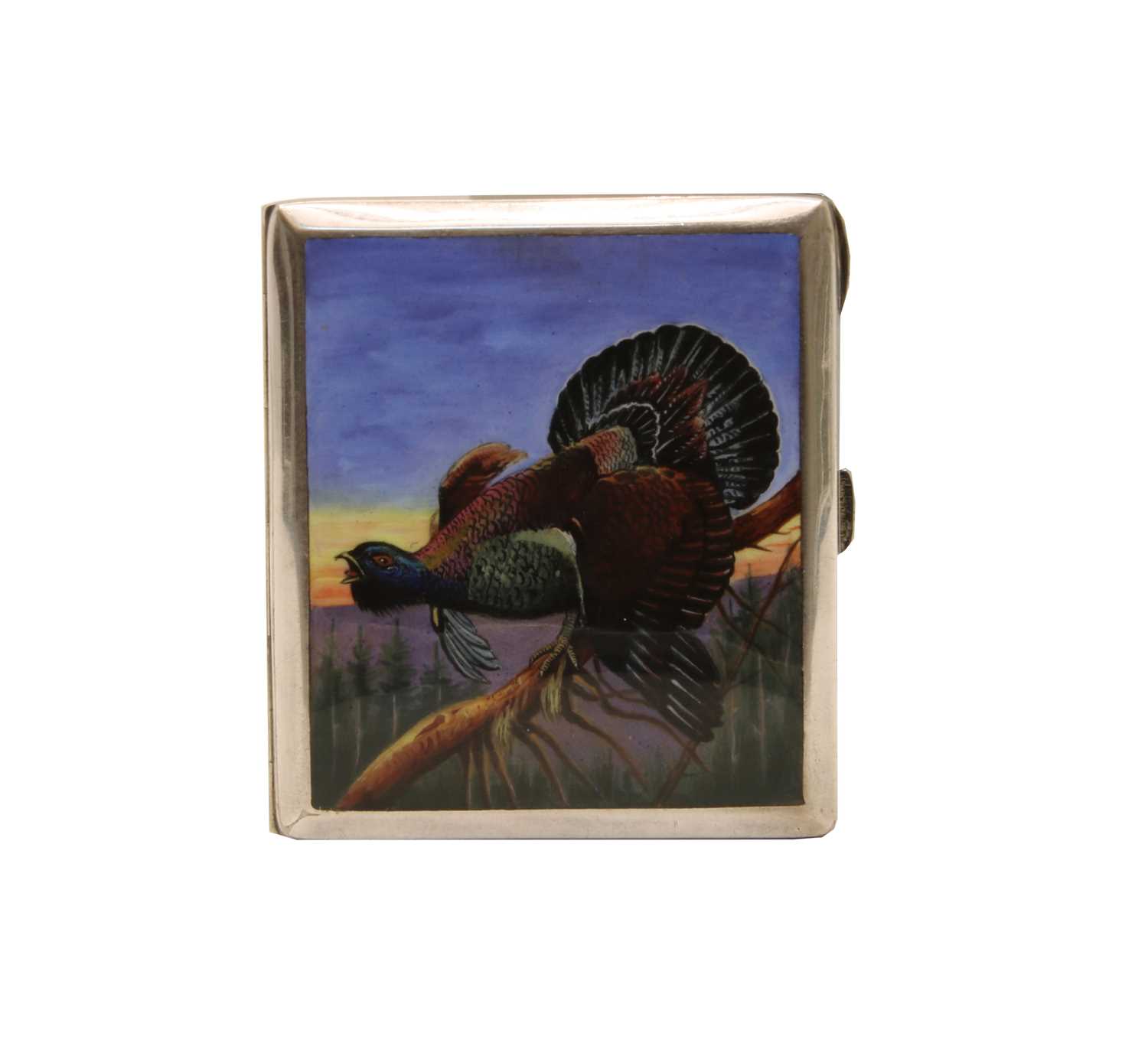 Lot 3 - A silver plated and enamel capercaillie cigarette case