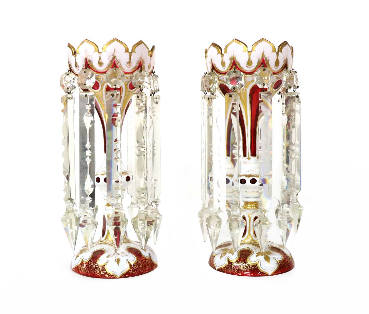 Lot 102 - A pair of ruby and overlaid white glass table lustres