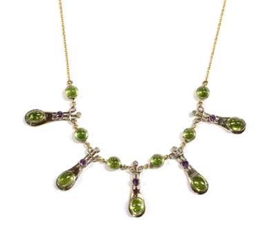 Lot 152 - A gold and silver gilt, peridot, amethyst and diamond fringe necklace