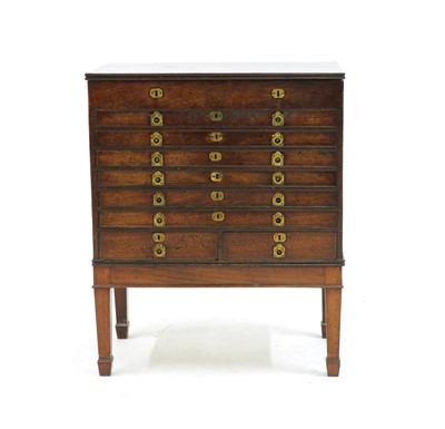 Lot 652 - A mahogany campaign style collectors chest on stand