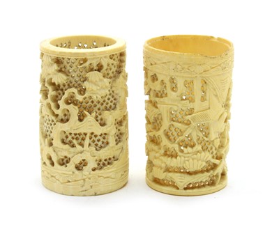 Lot 116 - A pair of early 20th century Japanese ivory cylindrical brush holders
