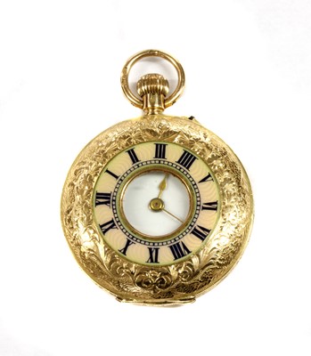 Lot 251 - A 15ct gold enamel half hunter style pin set fob watch
