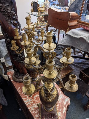 Lot 10 - A pair of marble, gilt and patinated bronze candelabra
