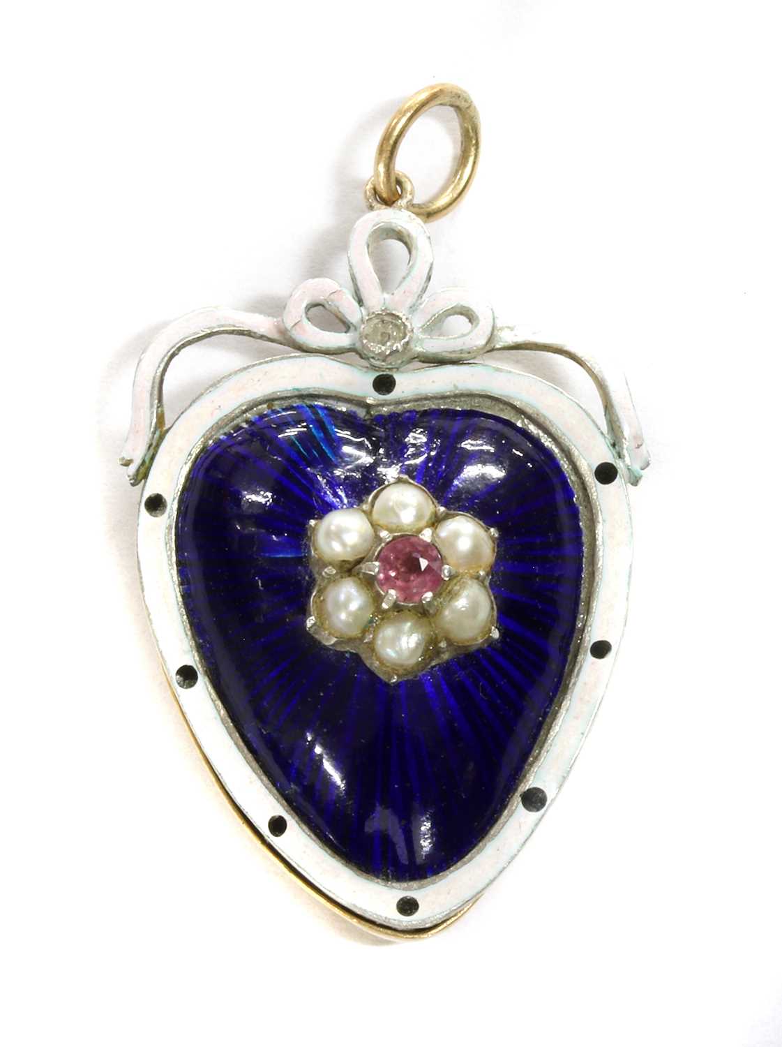 Lot 23 - A gold and silver, ruby, split pearl, diamond and enamel heart pendant