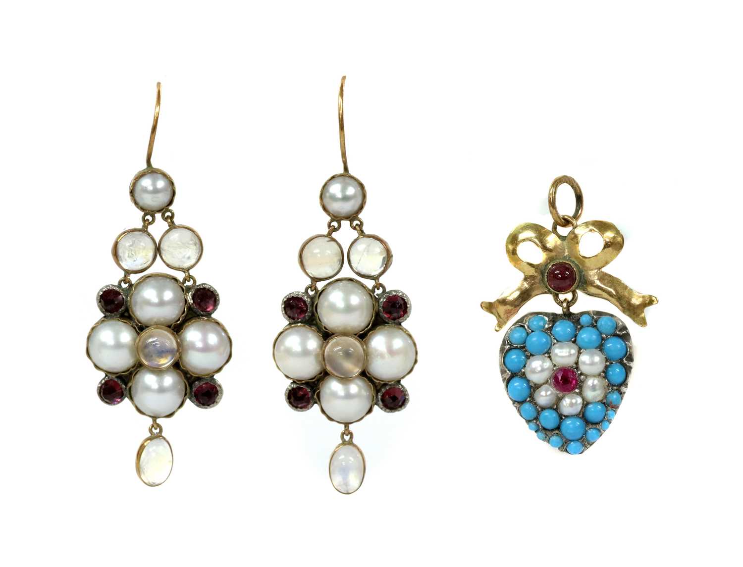 Lot 24 - A pair of gold and silver, moonstone, split pearl and garnet earrings