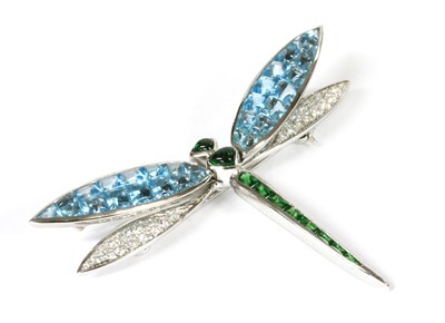 Lot 157 - An 18ct white gold diamond and gemstone en tremblant dragonfly brooch