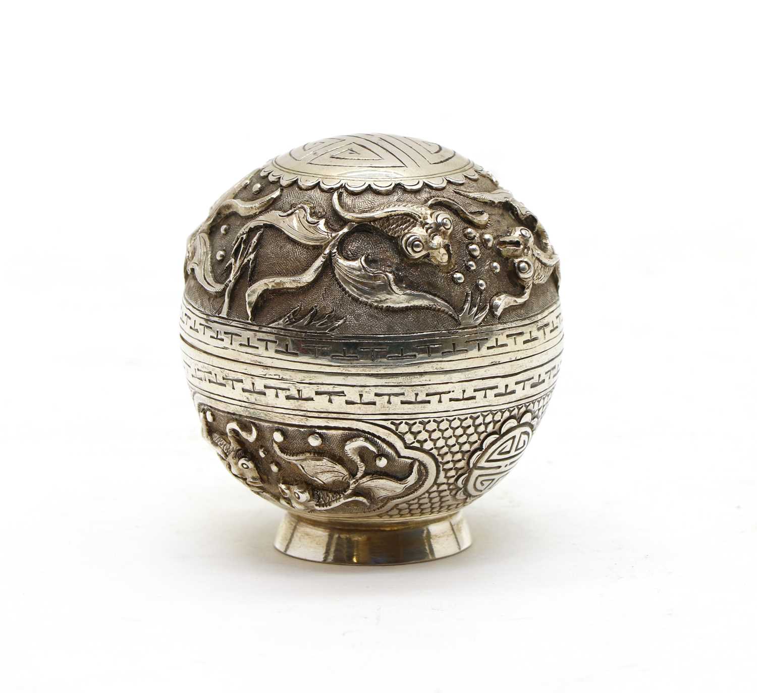 Lot 50 - A small globular shaped antique Chinese silver box