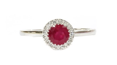 Lot 122 - A white gold ruby and diamond halo cluster ring