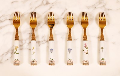 Lot 295 - A part canteen of Royal Copenhagen 'Flora Danica' porcelain and silver-gilt cutlery