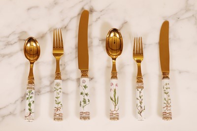 Lot 295 - A part canteen of Royal Copenhagen 'Flora Danica' porcelain and silver-gilt cutlery