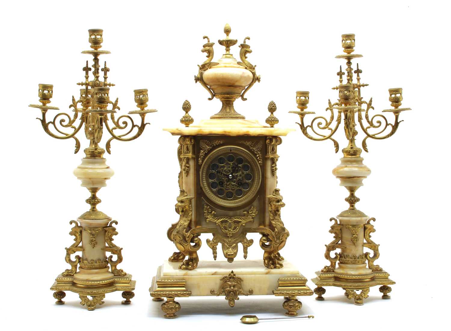 Lot 265 - A French ormolu and veined marble clock garniture