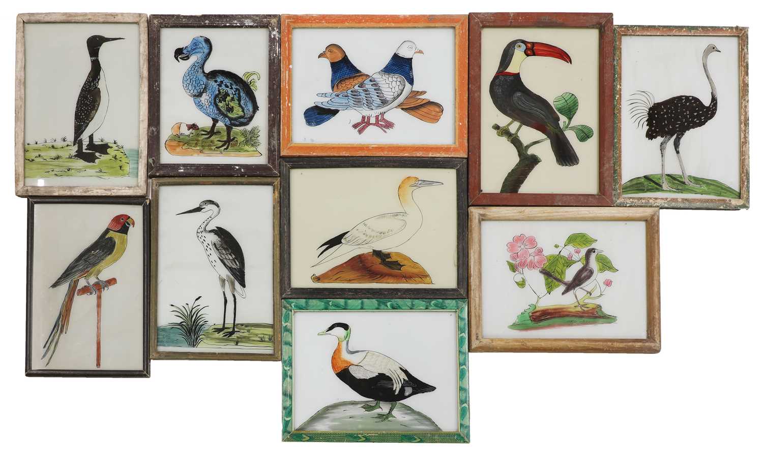 Lot 396 - INDIAN REVERSE GLASS PAINTINGS OF BIRDS