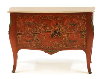 Lot 385 - A Louis XV style japanned red serpentine commode