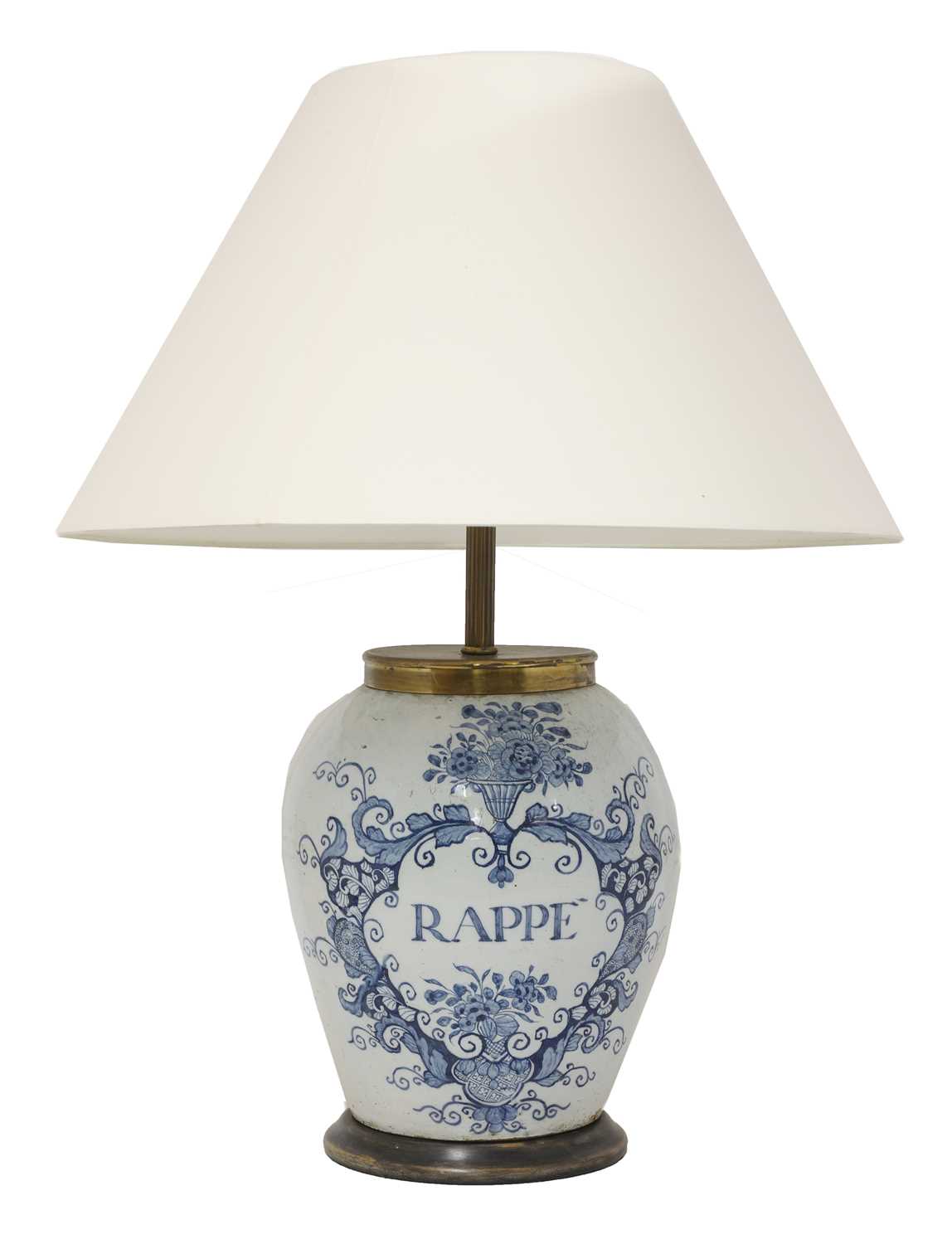 Lot 727 - A blue and white delftware vase table lamp and shade