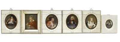 Lot 198 - Six miniatures in ivory 'piano key' frames