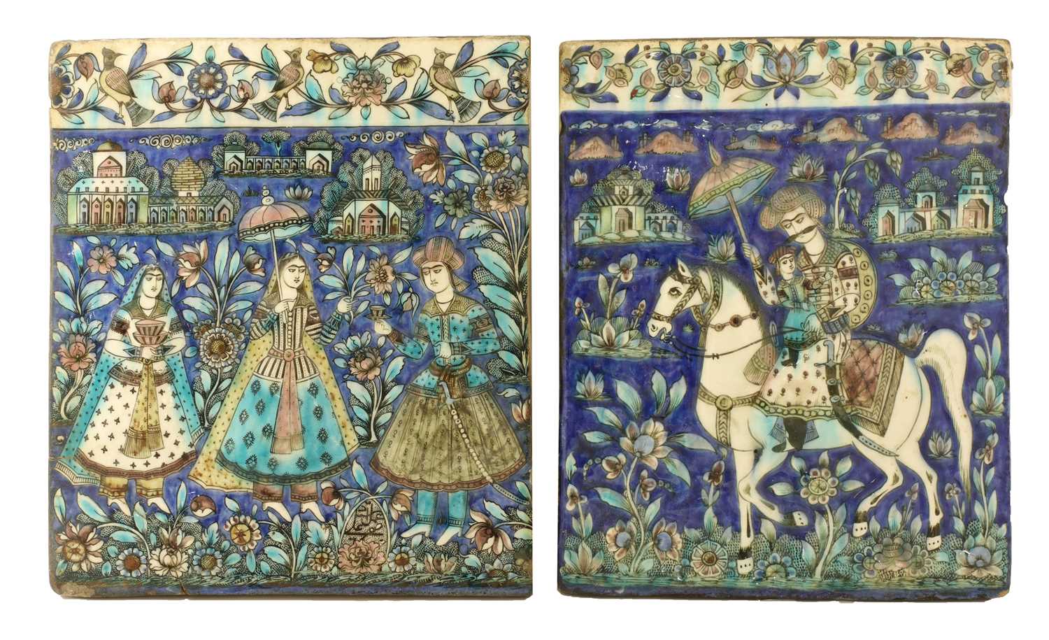 Lot 947 - A near pair of Qajar pottery tiles
