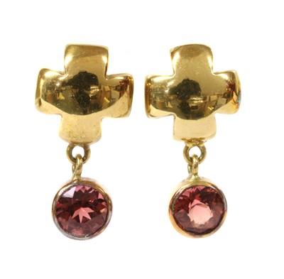 Lot 183 - A pair of gold pink tourmaline earrings, by Avrina Eggleston