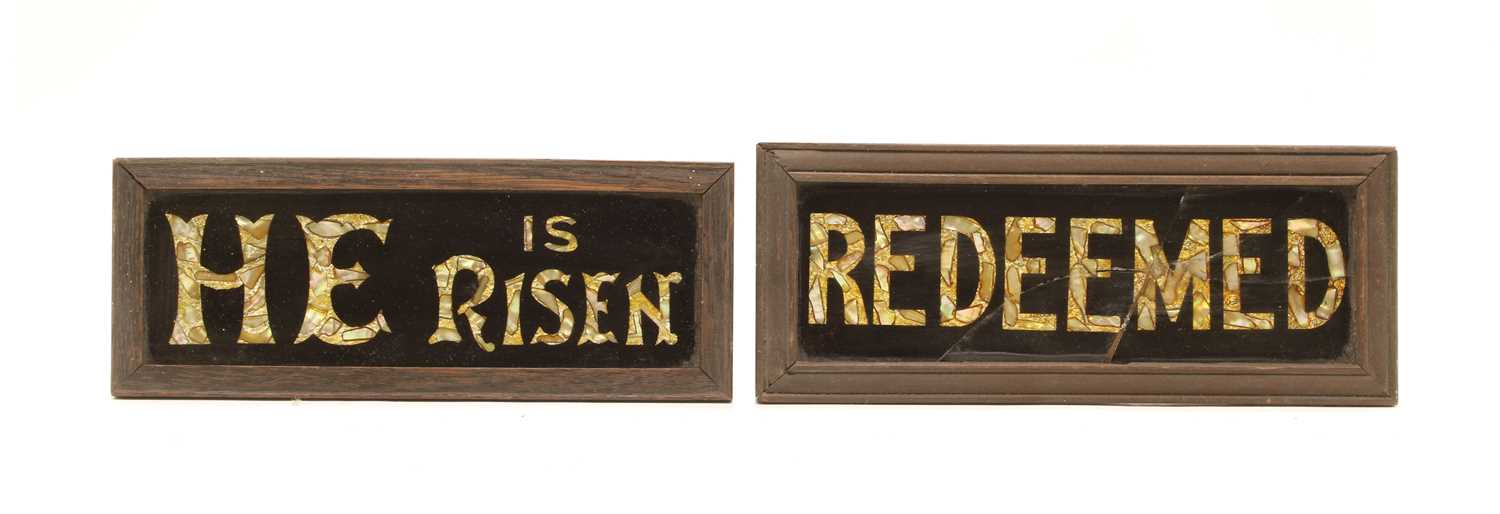 Lot 38 - Two reverse painted glass and mother of pearl church signs