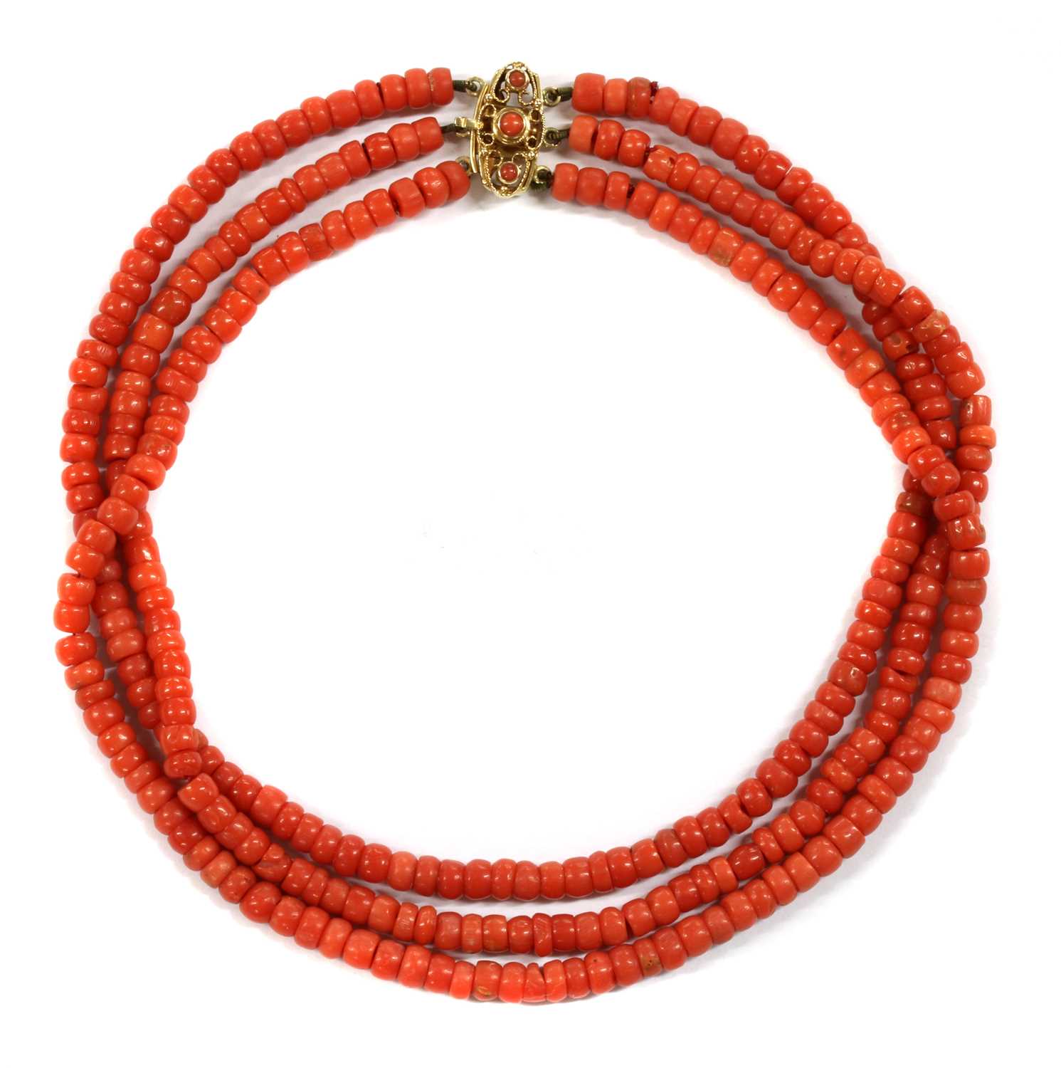 Lot 39 - A Dutch three row uniform coral bead choker necklace