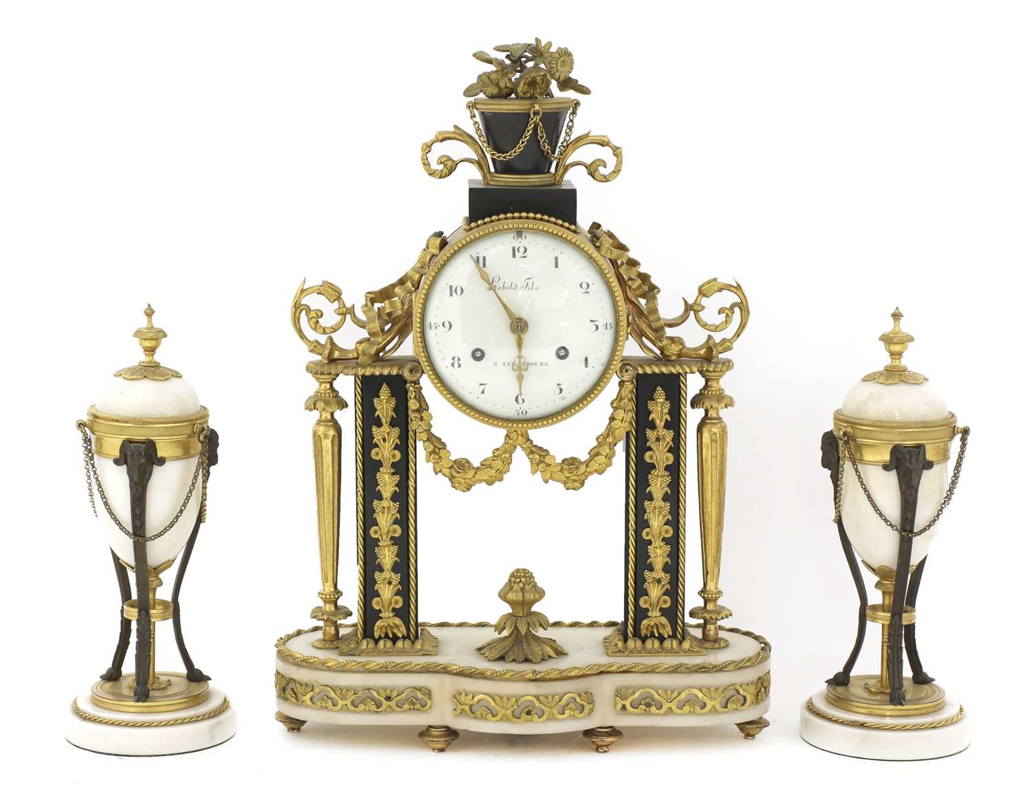 Lot 37 - A matched French ormolu and marble clock garniture