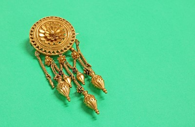 Lot 84 - A gold enamel archaeological revival Etruscan style fringe brooch, by Fortunato Pio Castellani, c.1860