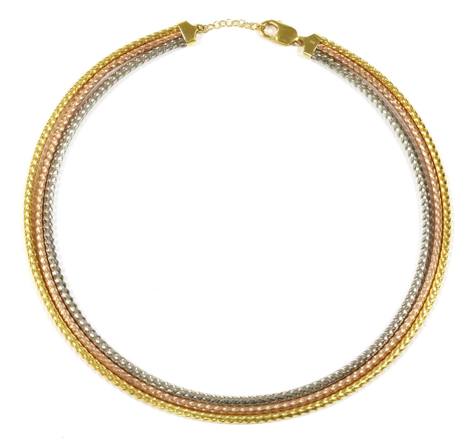 Lot 27 - A 9ct three colour gold three row necklace