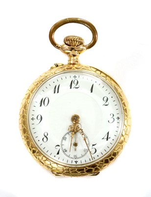 Lot 455 - A Swiss gold open-faced pin set fob watch