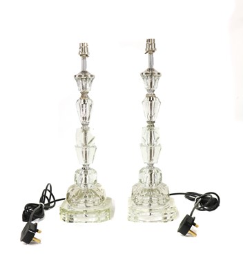 Lot 224 - A pair of moulded glass column table lamps