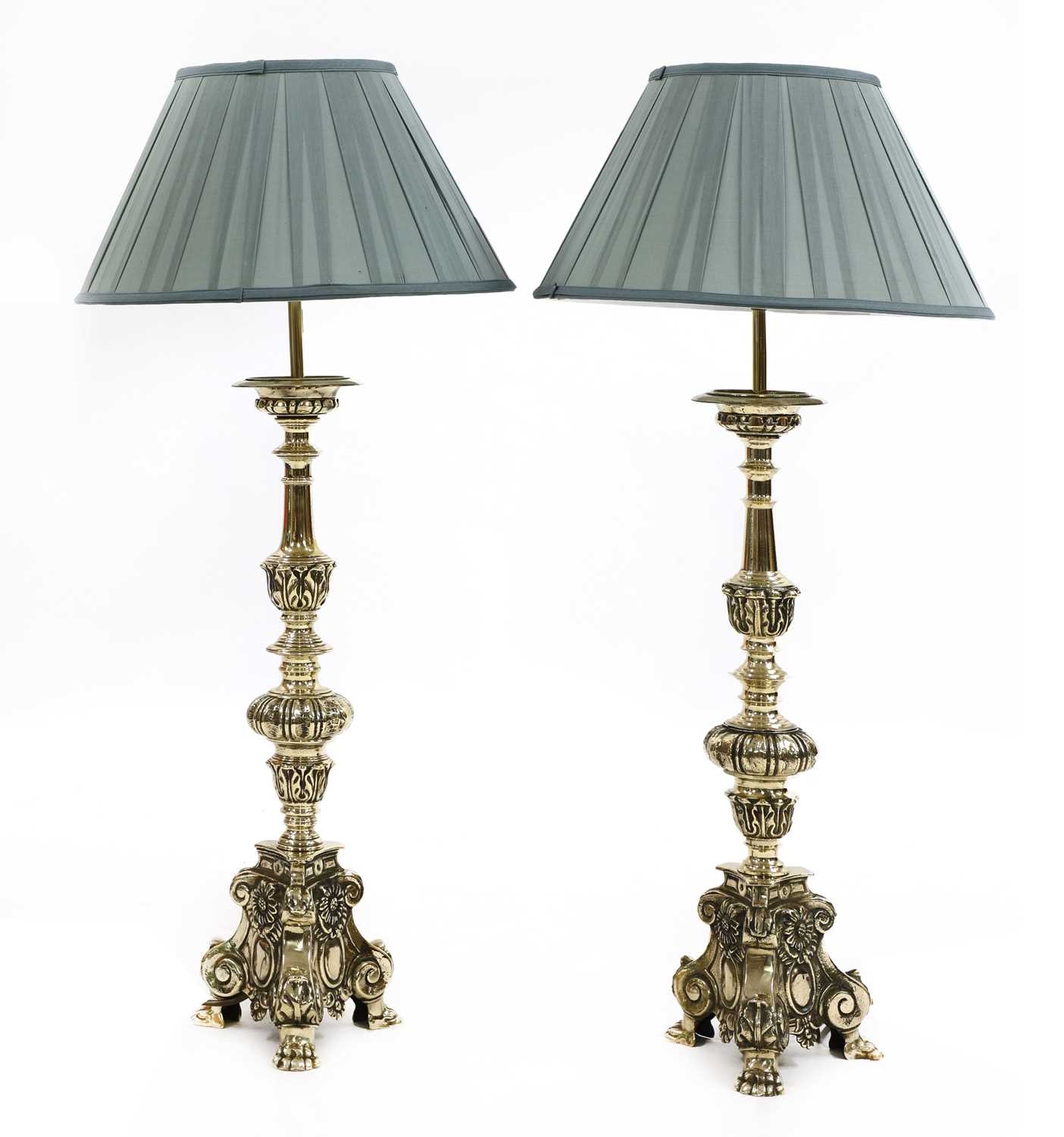 Lot 99 - A matched pair of Dutch-style brass altar candlestick table lamps