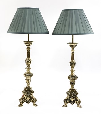 Lot 99 - A matched pair of Dutch-style brass altar candlestick table lamps