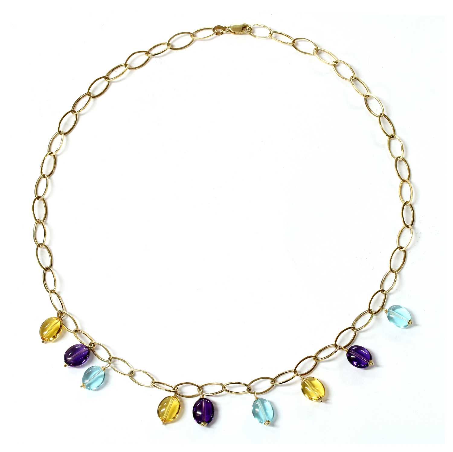 Lot 279 - A 9ct gold amethyst, citrine and glass bead fringe necklace