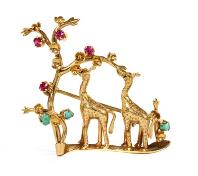Lot 14 - An Italian gold ruby and turquoise set giraffe brooch, c.1950