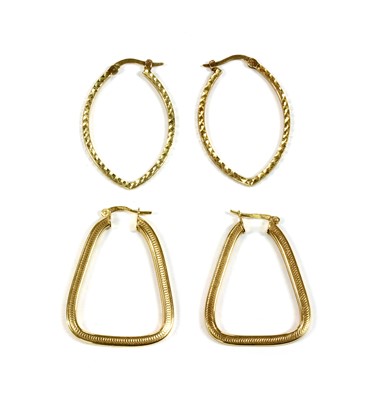 Lot 188 - A pair of 9ct gold keystone shaped textured hollow hoop earrings