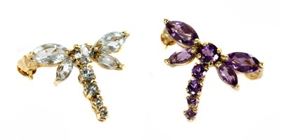 Lot 321 - A pair of 9ct gold gem set aquamarine and amethyst dragonfly brooches