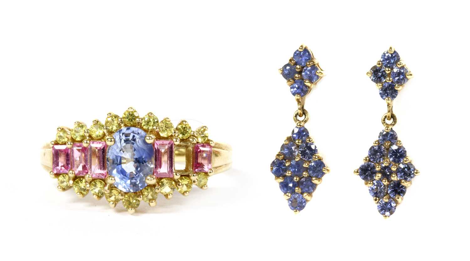Lot 239 - A pair of 9ct gold sapphire cluster earrings
