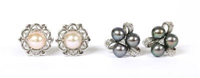 Lot 349 - A pair of 9ct white gold cultured freshwater pearl and diamond earrings