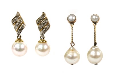 Lot 348 - A pair of 9ct gold cultured pearl and diamond drop earrings